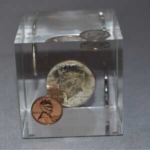 Rare Vintage Lucite Money Paperweight Coin Cube 1955-1967